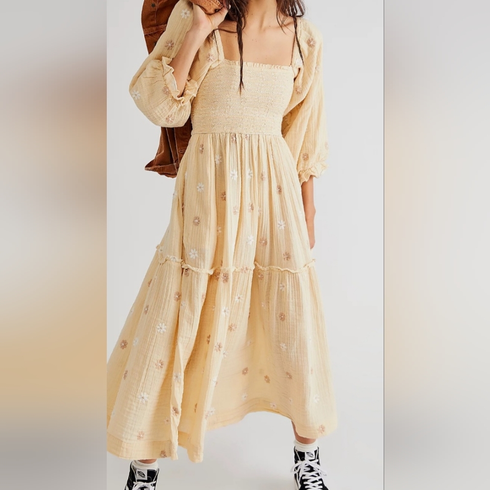 Dahlia Embroidered Maxi Dress, Pearl Island, Size XS